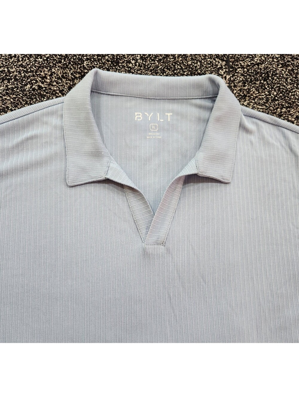 New BYLT Ribbed Short Sleeve Open V Polo Shirt Men XL Johnny Collar Comfort Blue